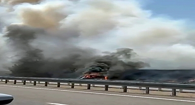 Tekirdağ’da otomobil yangınında, 200 dönüm anız ve TIR dorsesi zarar gördü