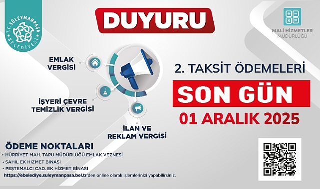 Süleymanpaşa Belediyesi Vergi Ödemeleri İçin Son Gün 1 Aralık